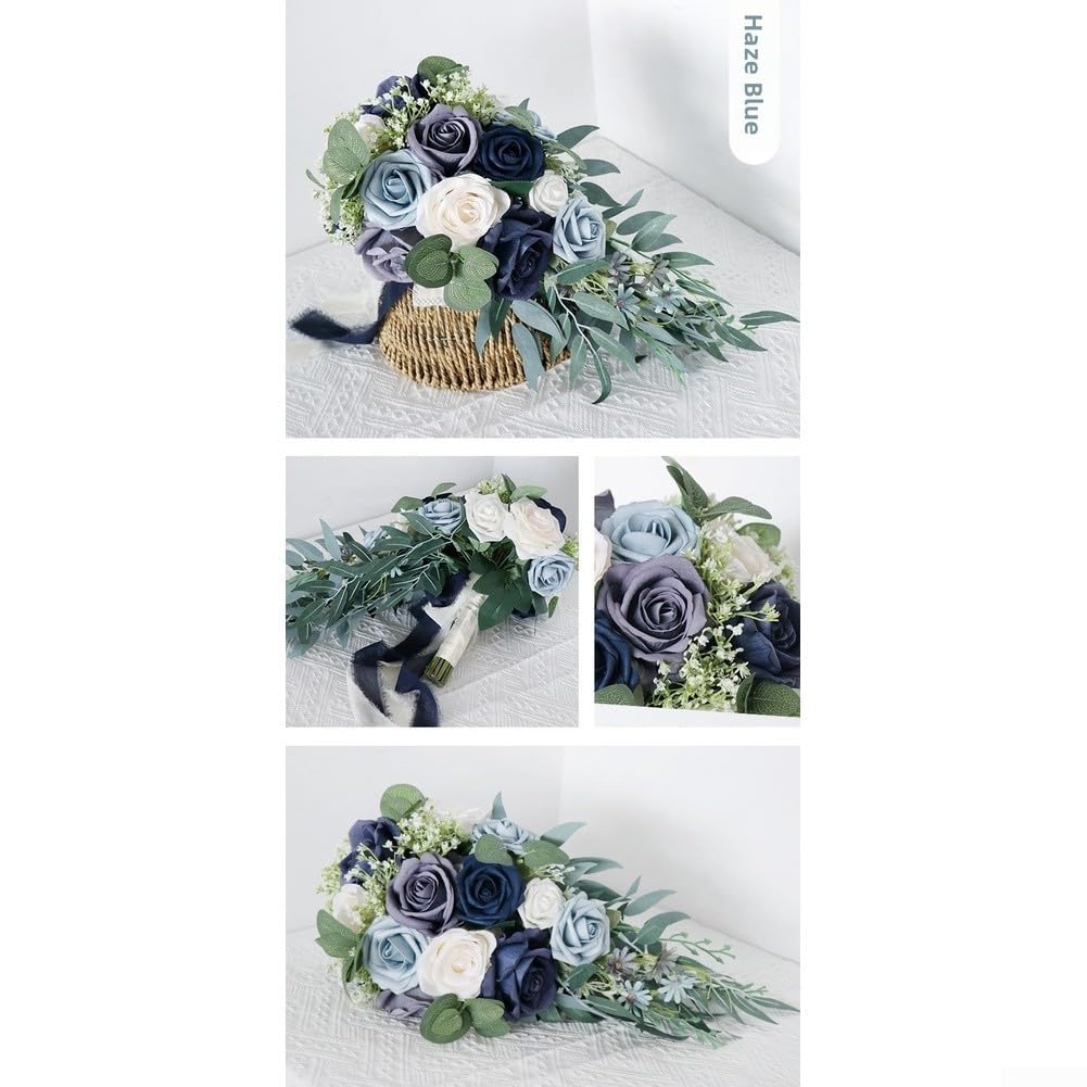 Per bouquet da sposa in seta di alta qualità, elegante stile cascata, fiori artificiali per matrimonio, romantico, decorazione da giardino europeo, rosa (blu)