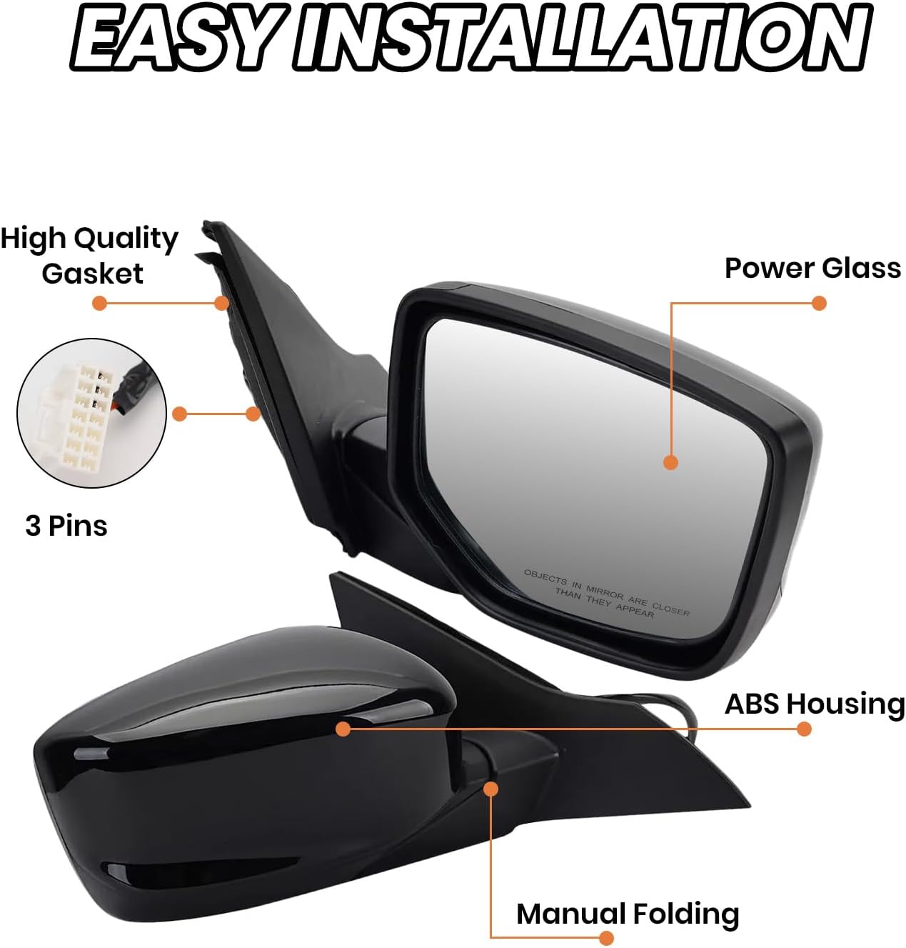 Passenger Side Mirror Compatible with 2013 2014 2015 2016 2017 Honda Accord Sedan EX,EX-L,Sport,LX,SE/Coupe Mirrors With Power Glass Replaces 76208T2FA11 HO1321272 (3Pins) Black