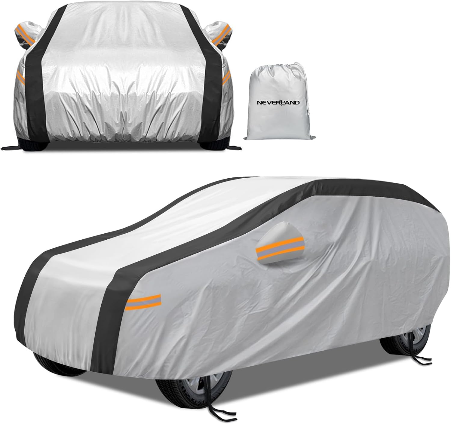 NEVERLAND Funda Coche SUV XL Impermeabile 2500PA - Cubierta Exterior 210D Oxford Plata Reflectante Solar Negro Antigranizo con Tiras Naranjas Alta Visibilidad para BMW X5 Mercedes GLE, Audi Q7|510cm
