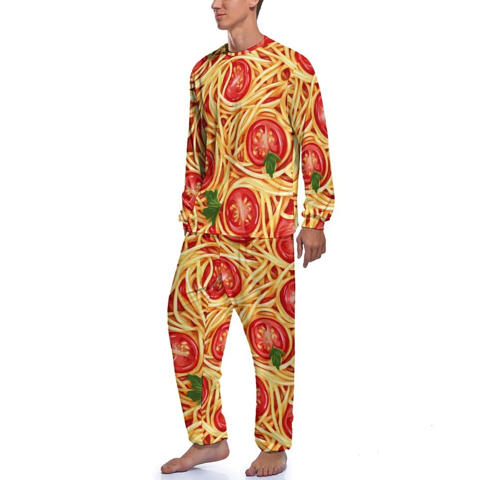 Spaghetti Pasta Noodles Salsa T-omato Pigiama da uomo Set Elastico in vita Sleepwear Girocollo Manica Lunga Setosa Loungewear