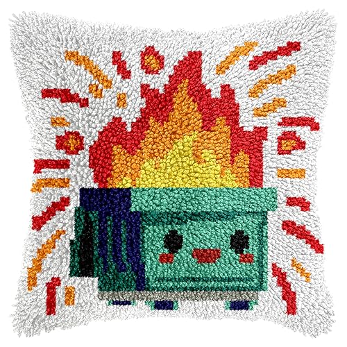Image of QIONG MENG Latch Hook Kits for Adults, DIY Dumpster Fire Pattern Pillow Cover Kit Needlework Cushion Cover Hand Craft Crochet for Home Sofa Decorations 17 x 17 Inch