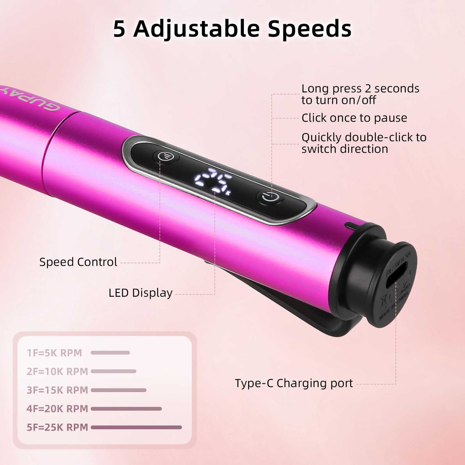 GUPAY Electric Nail Files Cordless, Professional Nail Drill Machine for Acrylic Nails Gel with 5 Speeds - Image 4