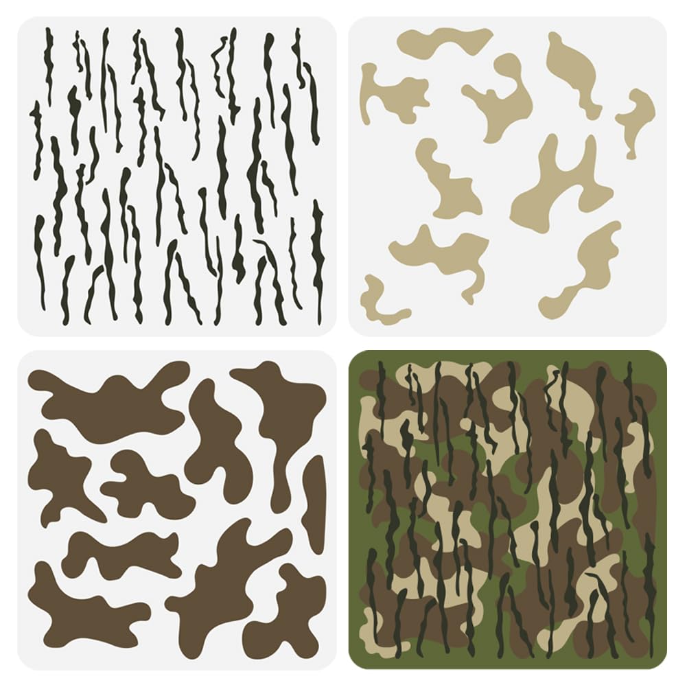 FINGERINSPIRE 3 Pcs Layered Camo Stencils 11.8x11.8 inch Camo Painting Stencil Plastic Camouflage Pattern Stencil Digital Camo Paint Stencils Reusable DIY Art and Craft Stencils for Home Wall Decor