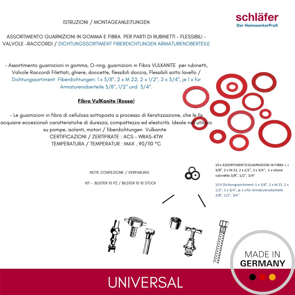 Guarnizioni Idrauliche 1/2" In Fibra Vulcanizzata Rossa - Conf. 6PZ Per Rubinetti E Riscaldamento