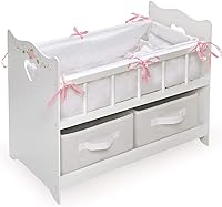 Badger Basket White Rose Wooden Doll Crib for 18-20" Dolls with Bedding, Pillows, Storage Baskets & Free Personalization Kit