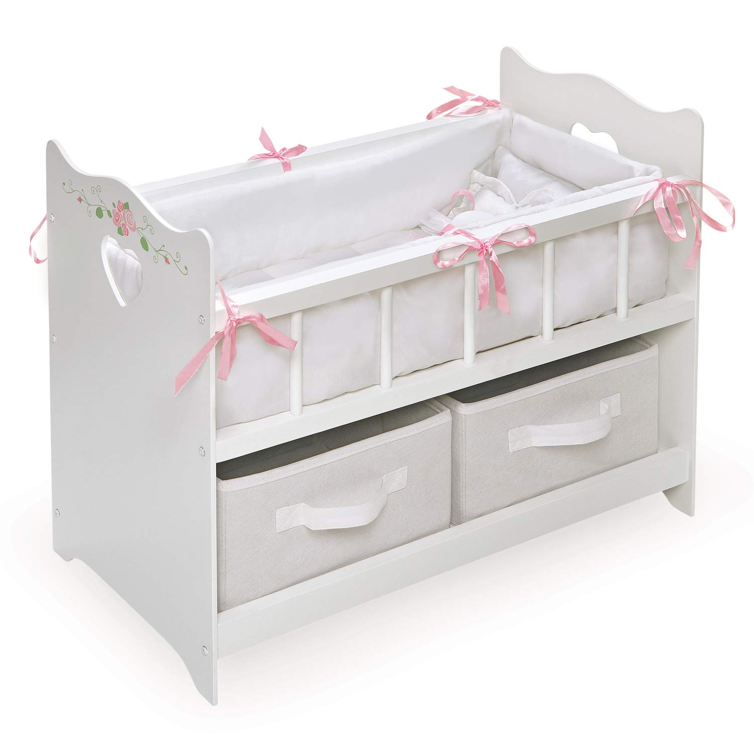 Badger Basket Wooden Doll Bed with Bed Liner, Pillows and Two Storage Baskets - Fits 18-Inch Dolls, White/Rose