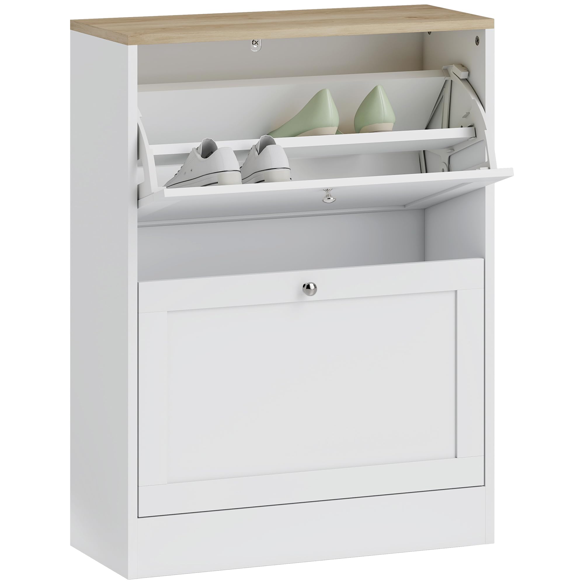 HOMCOM Shoe Cabinet with 2 Flip Drawers, Narrow Shoe Storage Cabinet, Freestanding Slim Shoe Rack for Entryway, Hallway, White