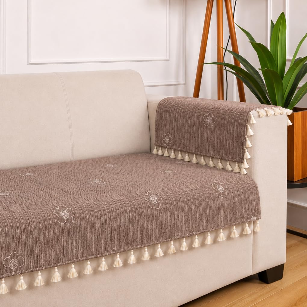 STITCHNEST 'Artisoul Series' Chenille Sofa Cover 1 Seater with 2 Hand Rest Covers | Premium Heavy Fabric, Washable & Fade Resistant | Flower Beige Sofa Protector with Tassels | Size 24x30 Inch