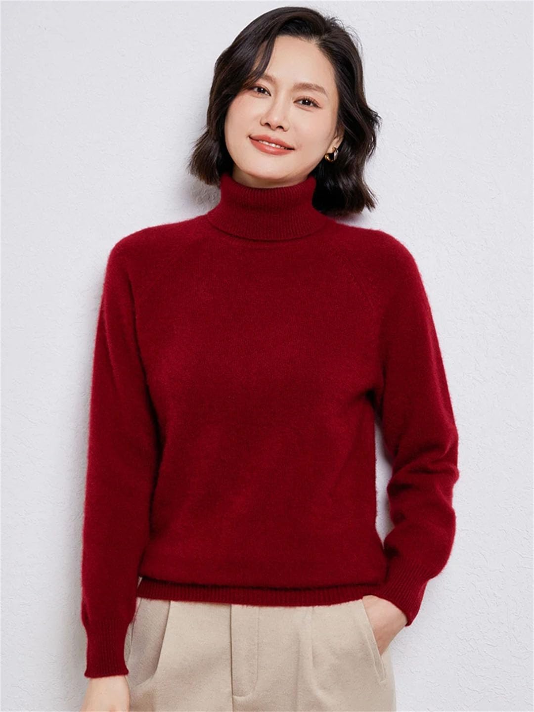 Maglioni da donna in lana tinta unita pullover a maglia spessa maglione a collo alto maglione a maniche lunghe camicie base in lana lavanda S, Lavanda, S