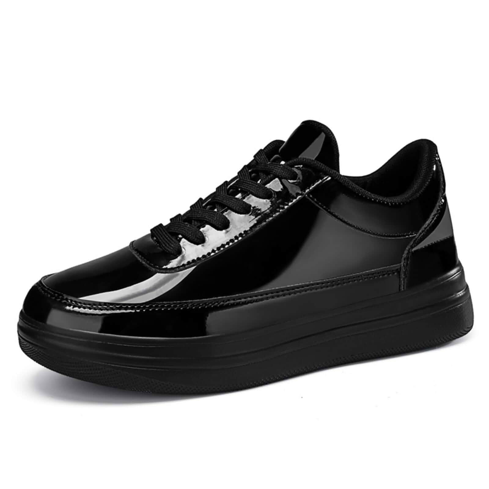 Men's Patent Leather Platform Sneakers Fashion Skate Shoes with Thick Sole & Contrast Laces for Casual Walking in Gold and Black