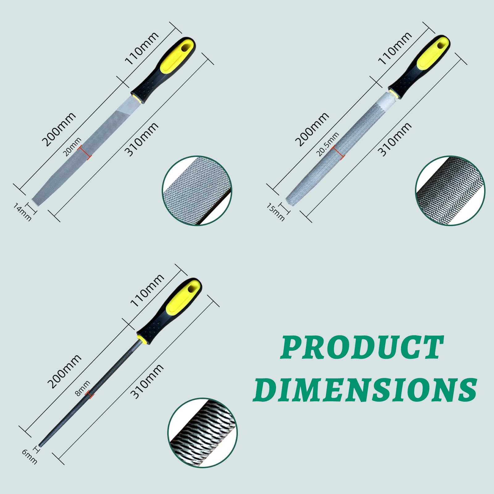 Set di Lime Metallo 3 Pezzi in Acciaio al Carbonio, 200mm, Include Lima Piatta, Rotonda e Semitonda con Manico in Gomma - Per Lavorazione Legno e Metalli