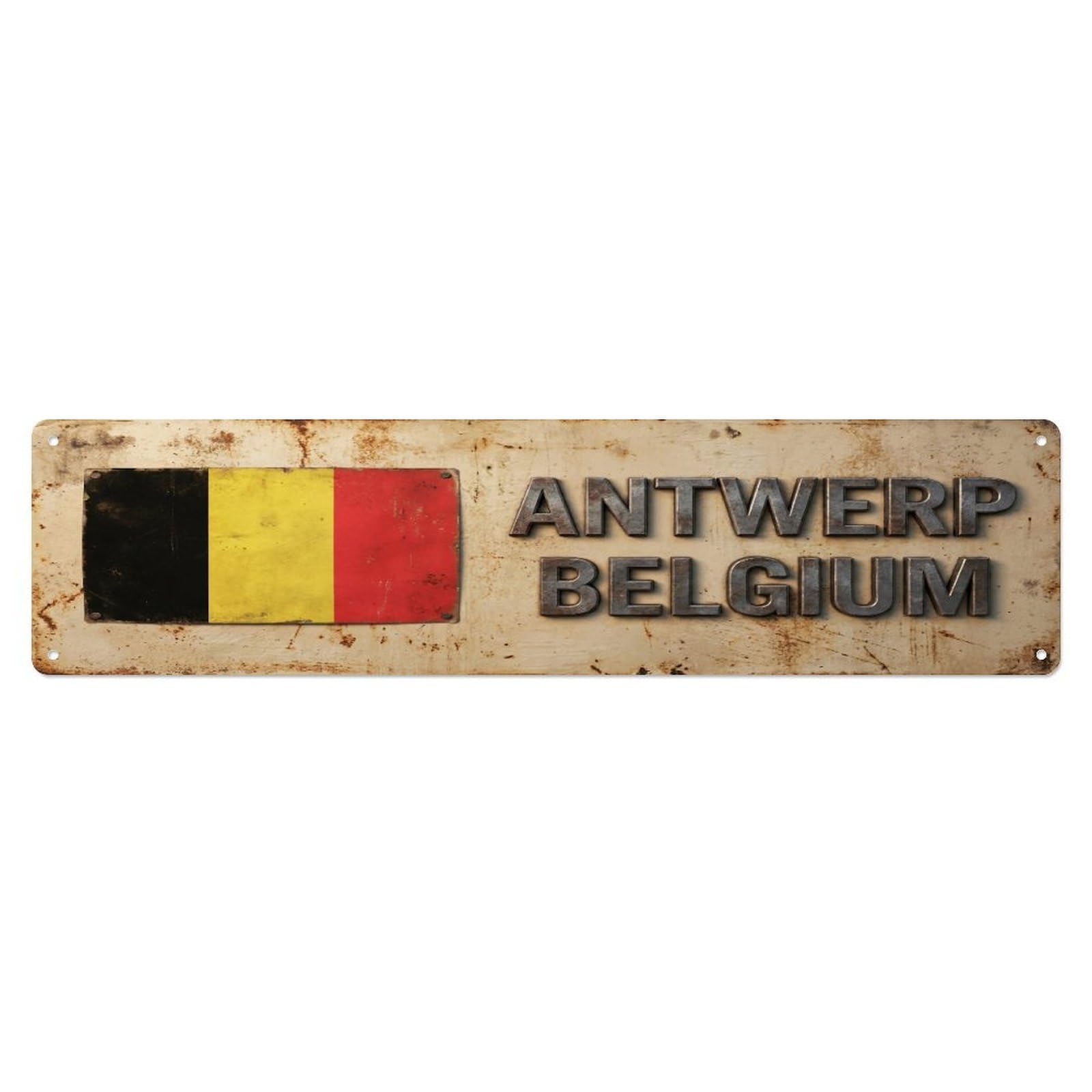 Okahys 4X16inch(10X40cm) Vintage Antwerp Belgium Flag Decor Rustic Travel Metal Tin Sign