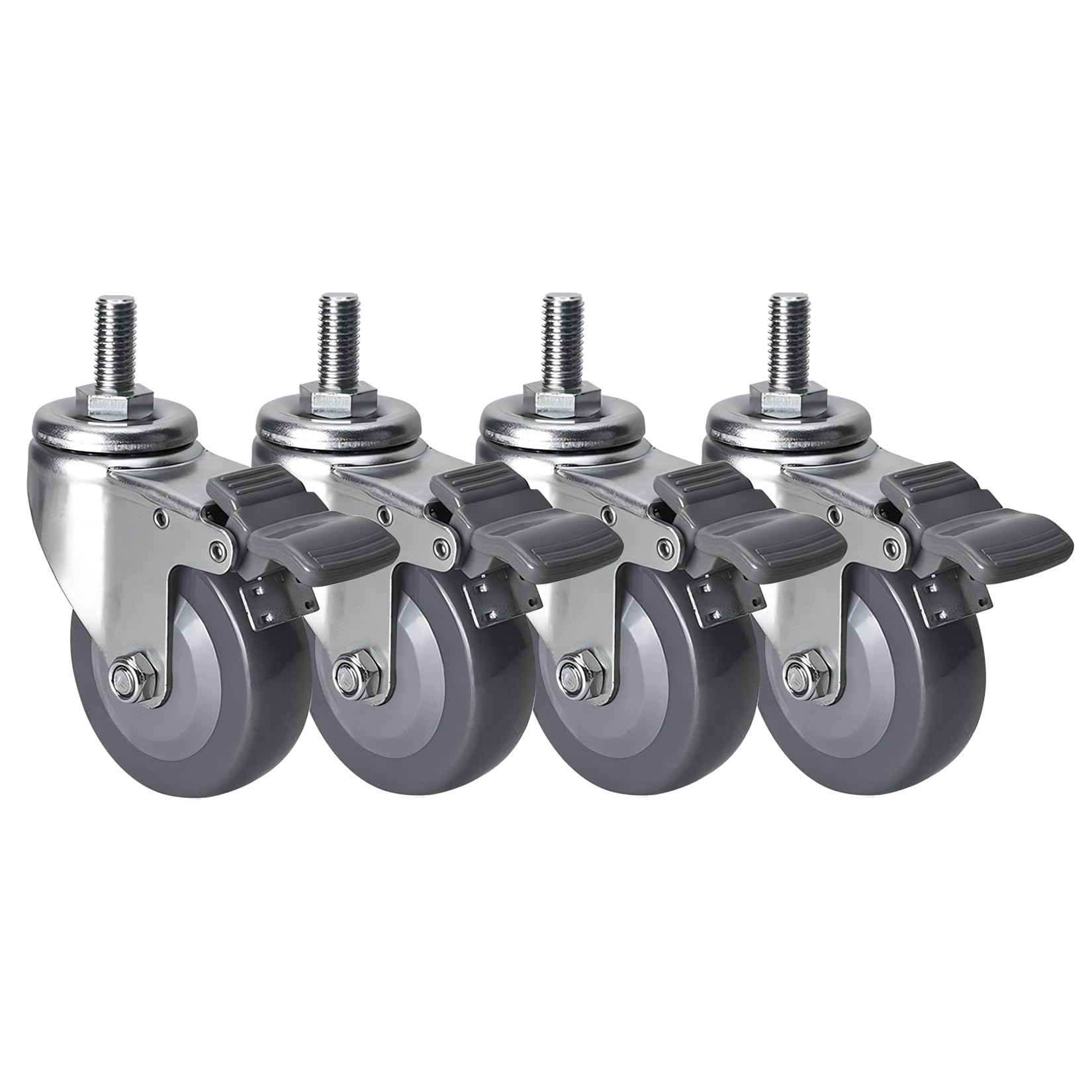 GYRAZXS Quiet Polyurethane Swivel Casters 6m 75mm 100mm M12 x 25mm Threaded Stem Pack of 4 Industrial Transport Wheels with Brake for Trolleys & Furniture Replacement