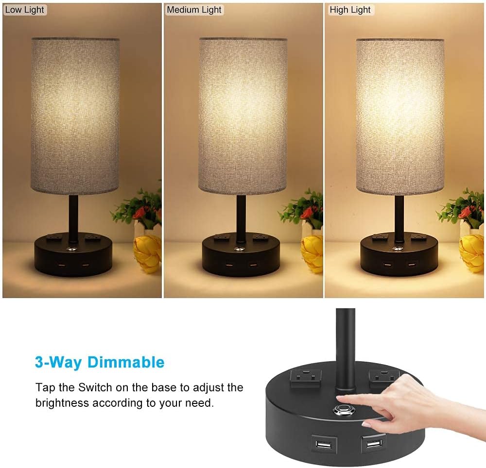 Touch Control Bedside Table Lamp for Bedrooms, 3-Way Dimmable Nightstand Lamp 2 USB Charging Ports & AC Outlets, Desk Lamp with Grey Fabric for Living Room, Home Office, Dorm (LED Bulb Included)