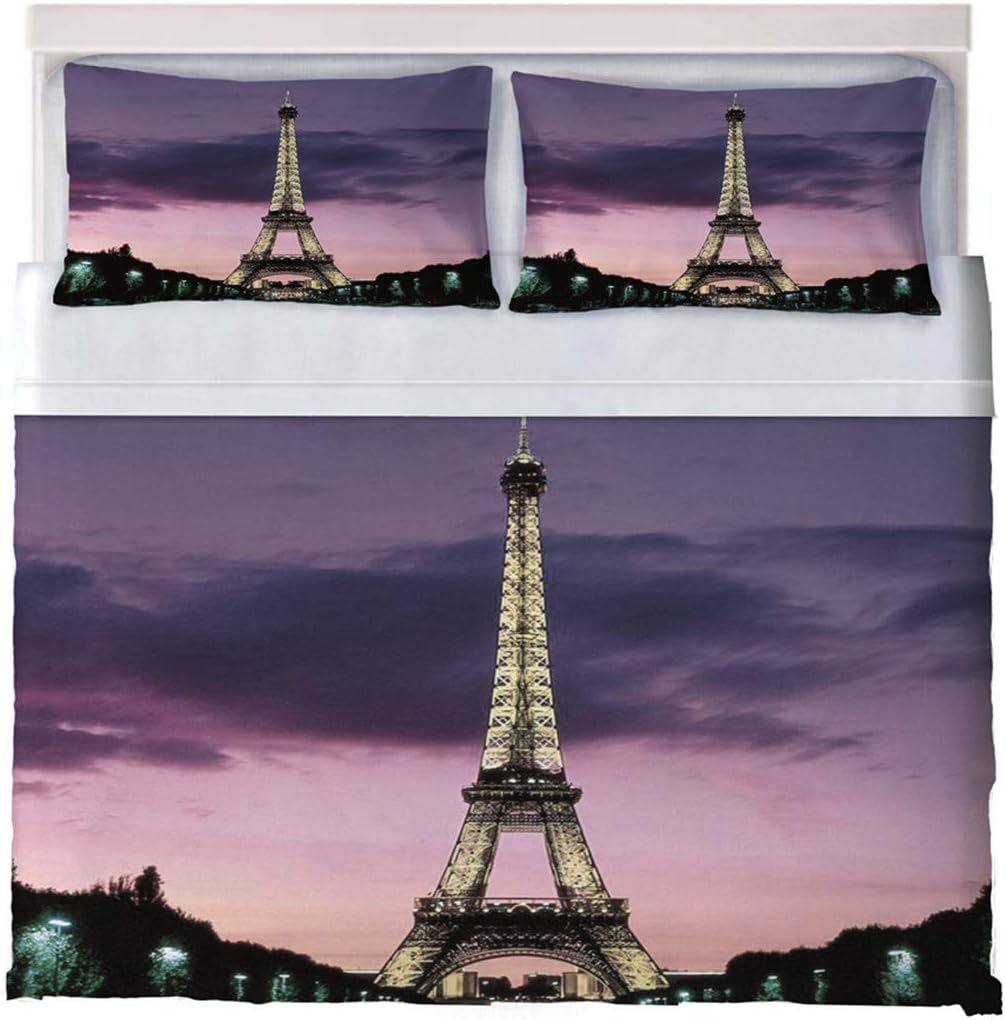ayigu Paris Eiffel Tower Bedding Set King Size Beautiful Sky Print Famous City Scene Comforter Cover Decorative Microfiber Duvet Cover Set with 2 Pillowcase, Zipper, Modern 3 Pieces, NO Comforter