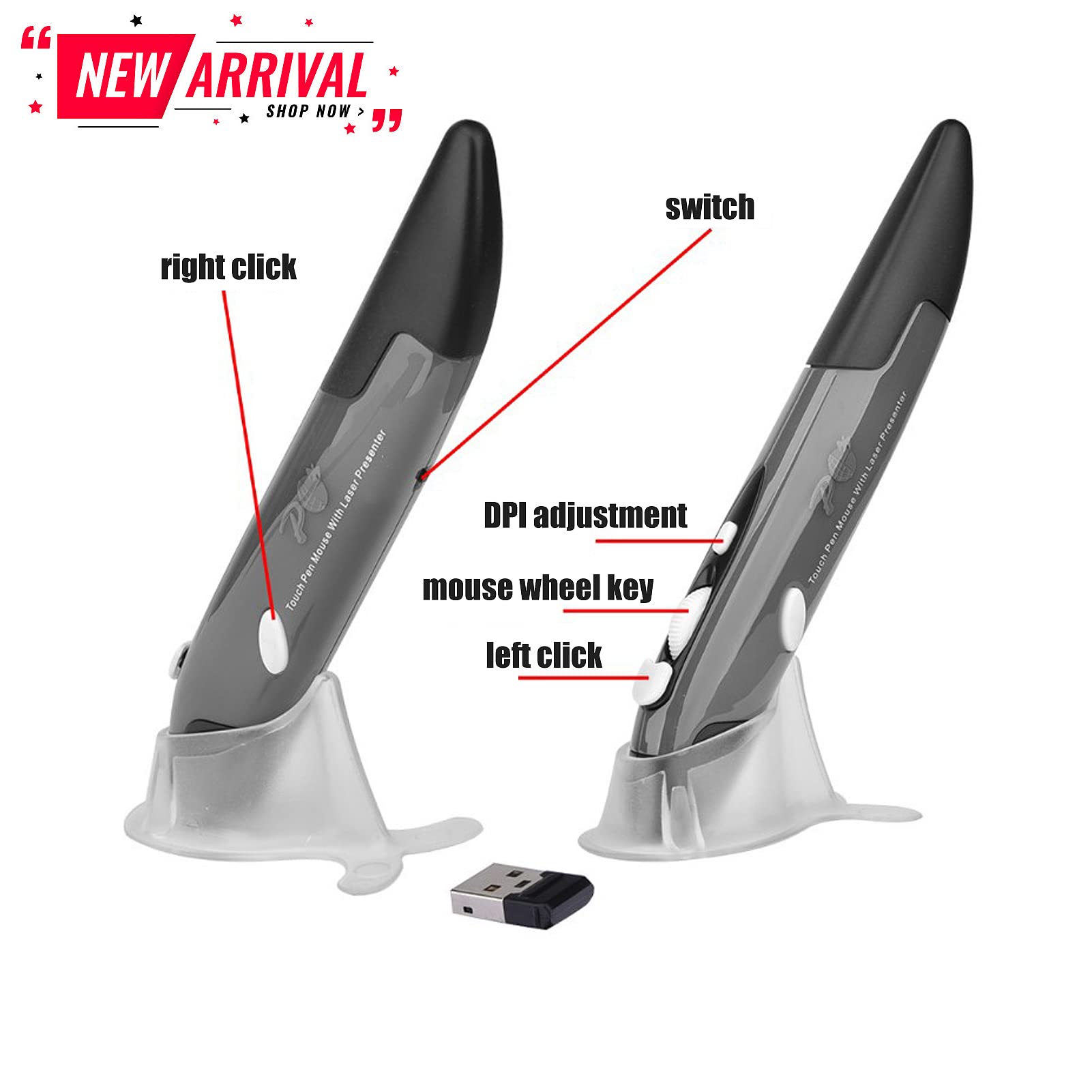Cuifati Mouse Wireless a Penna 2.4G Ergonomico Stilo USB 4 Pulsanti DPI Regolabile 800/1200/1600 per PC, Laptop, Smart TV, /Mac/Linux - Blu PR-03 Design Verticale
