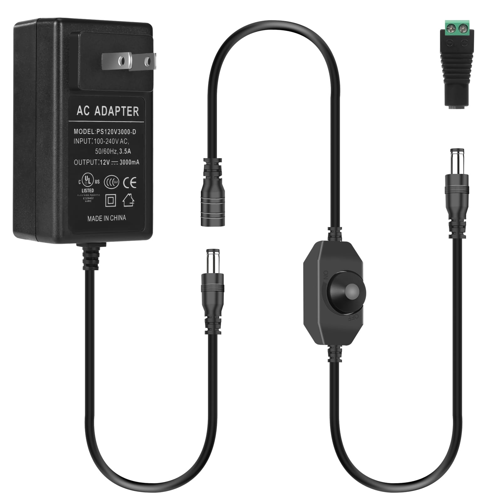 12V 3A Power Adapter, 36W AC 100-240V to DC 12V Transformers Converter with Dimmer Switch, 12V 3A Power Supply Charger with 5.5mm x 2.1/2.5mm
