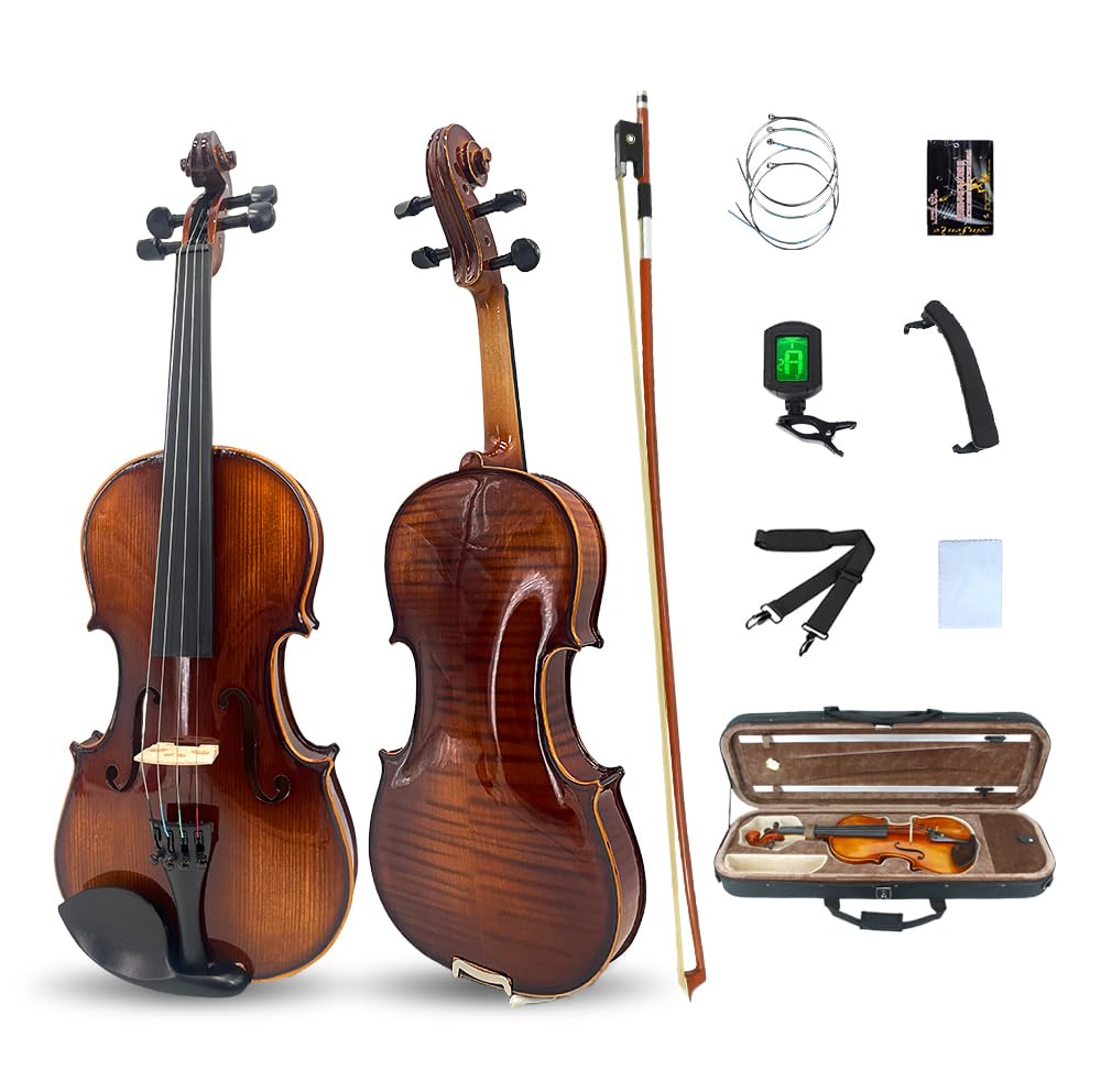 Vetimobato Violin 4/4 Full Size Kit Fiddle with Case, Bow, Rosin, Shoulder Rest,Extra Strings,Bridge, Fingerboard Sticker Perfect Beginner Violin Kit for Adults Student Kids(3/4 Violin Dark Brown)