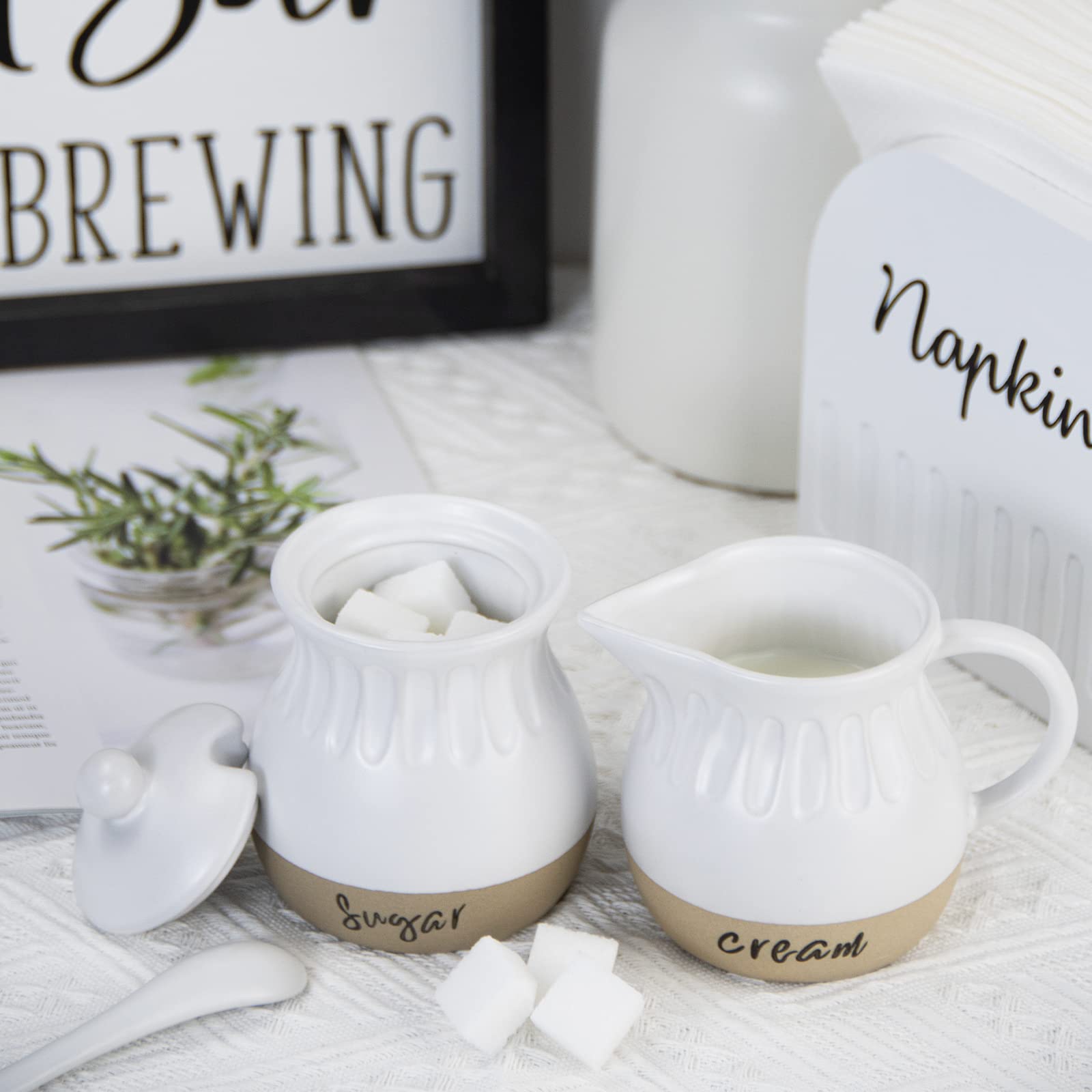Ensemble sucrier et crémier, Pot à crème en céramique, sucrier avec Couvercle et cuillère, Service à café Style Ferme Moderne, Blanc et Naturel