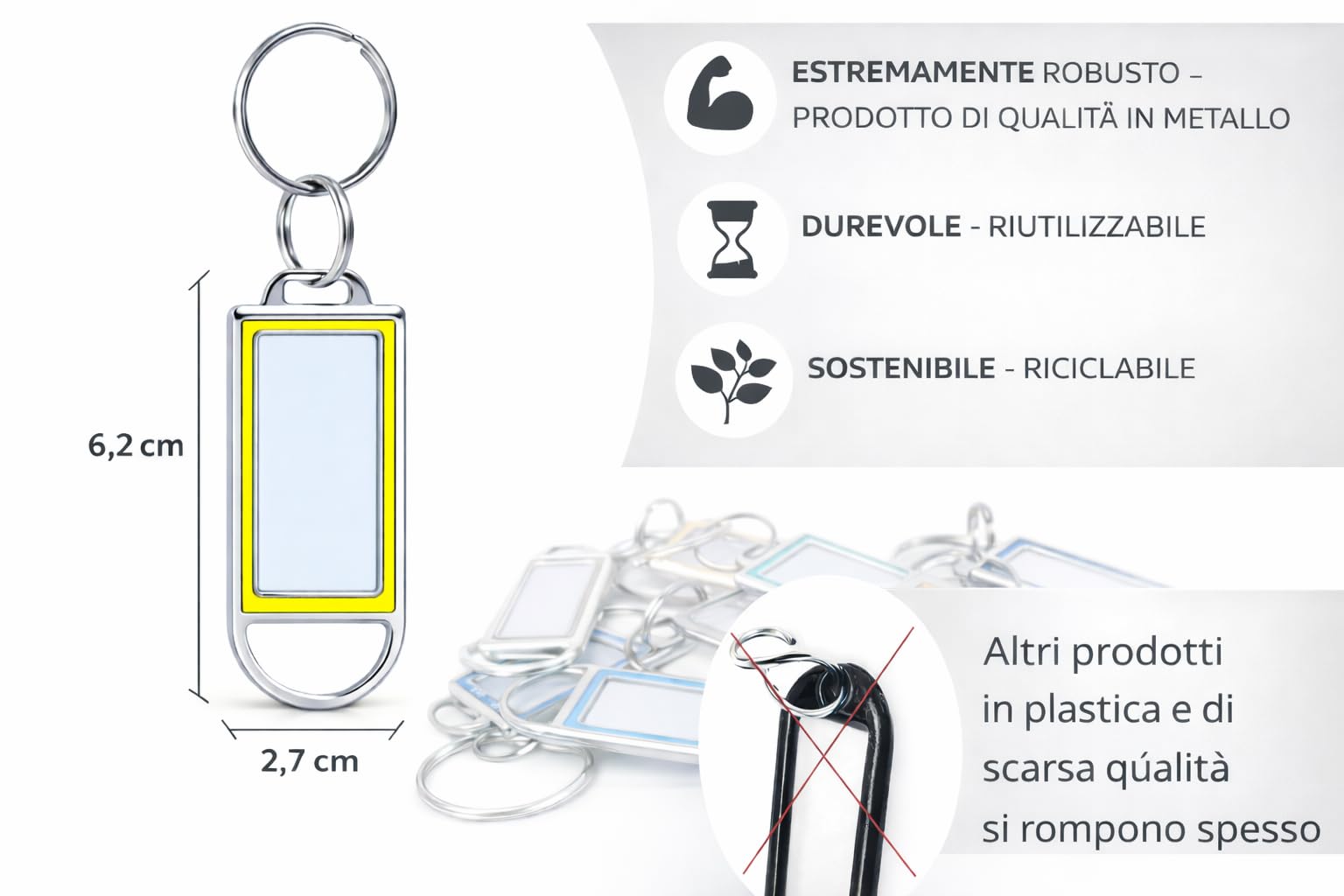 Portachiavi in Metallo con Etichetta Scrivibile su Entrambi Lati – 5 Colori, Portachiavi Identificativi Riutilizzabili con Custodia Protettiva per Chiavi, Ufficio, Hotel, Bagagli e Animali - 10 pz.
