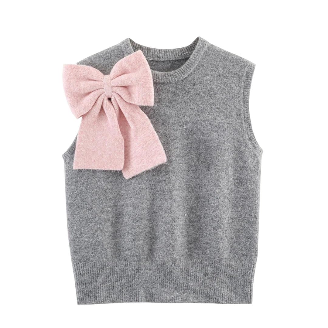 Womens Spring Bow-Decorated Knitted SleeveleSS Solid Color Pullover Sweater VeSt