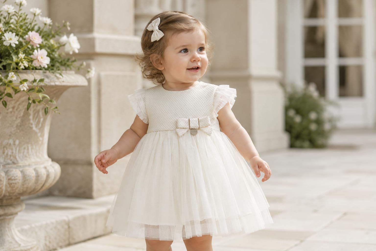 Mayoral Abito Battesimo Bimba – Vestito Cerimonia Neonata Avorio con Tulle e Fiocco – Elegante per Battesimo, Feste e Occasioni Speciali, 1906 (IT, età, 24 Mesi, Panna)