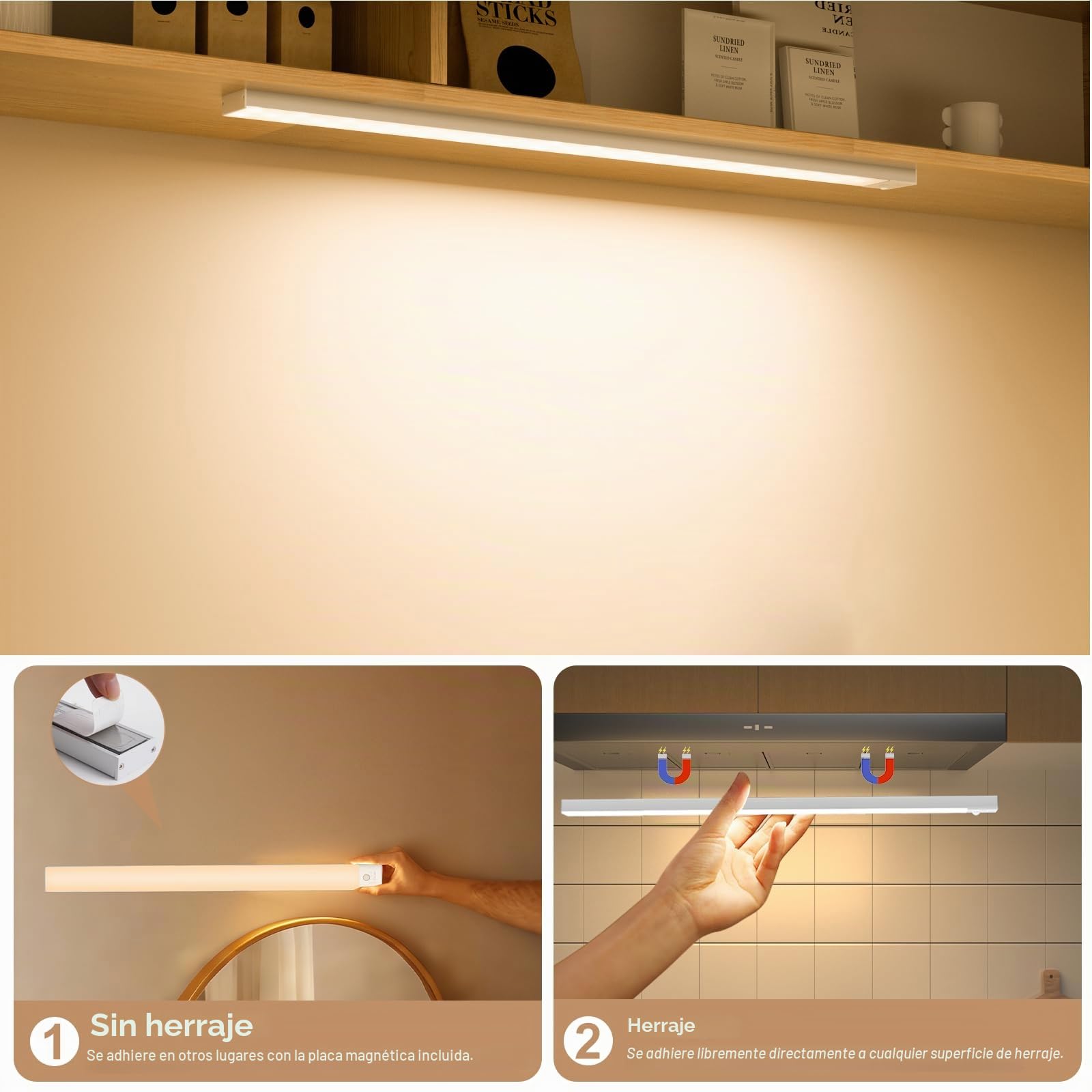 OUILA - Lámpara de armario led recargable de 60 cm, regulable, para interior, inalámbrica, con sensor de movimiento, luz de 3000K/4000K/6500K, para armarios, pasillos, escaleras y cocinas