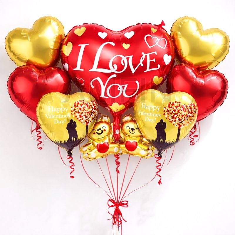 Image of AMFIN (Pack of 7) Happy Valentine's Day Foil Balloon Bouquet I Love you Teddy Heart Romantic Decoration Item - Red Gold