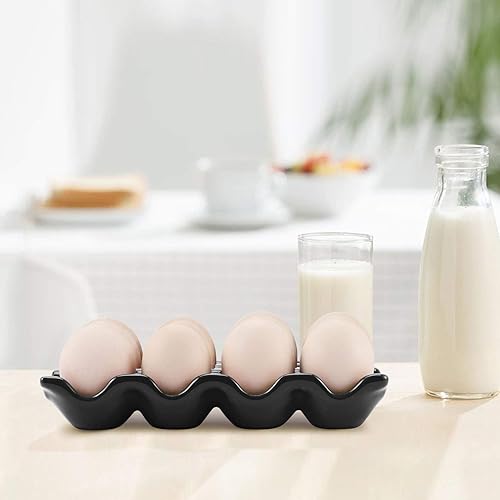 Vista 4 de Flexzion Bandeja de Cerámica para 12 Huevos - Portahuevos de Porcelana para Docena Completa Contenedor Organizador de Almacenamiento Soporte Negro