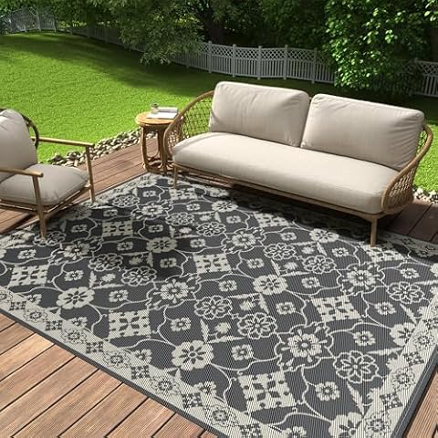 COCOER-Floral Outdoor Rug 6X9 Waterproof-Reversible Indoor Outdoor Rugs-Patio Rug Outdoor Area Rug-Outdoor Plastic Straw Rug-Outdoor Carpet for Outside Deck Camping Porch Balcony Rv-Patio Decor Cover