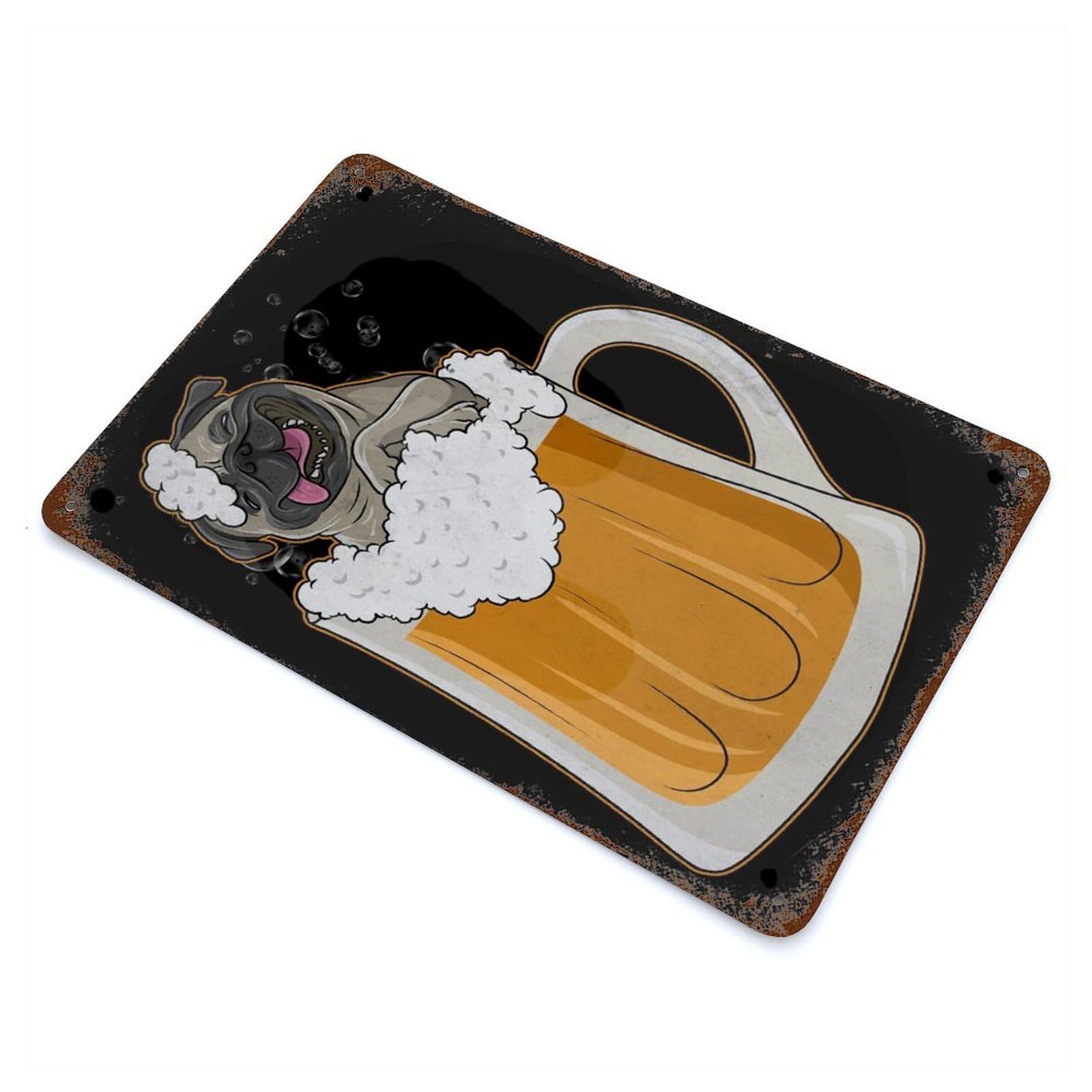 Pug Dog Beer Drinking Part 11.8"x7.9" Rustic Tin Plaque, Industrial Home Decor for Farmhouse, Kitchen And Entryway Decor
