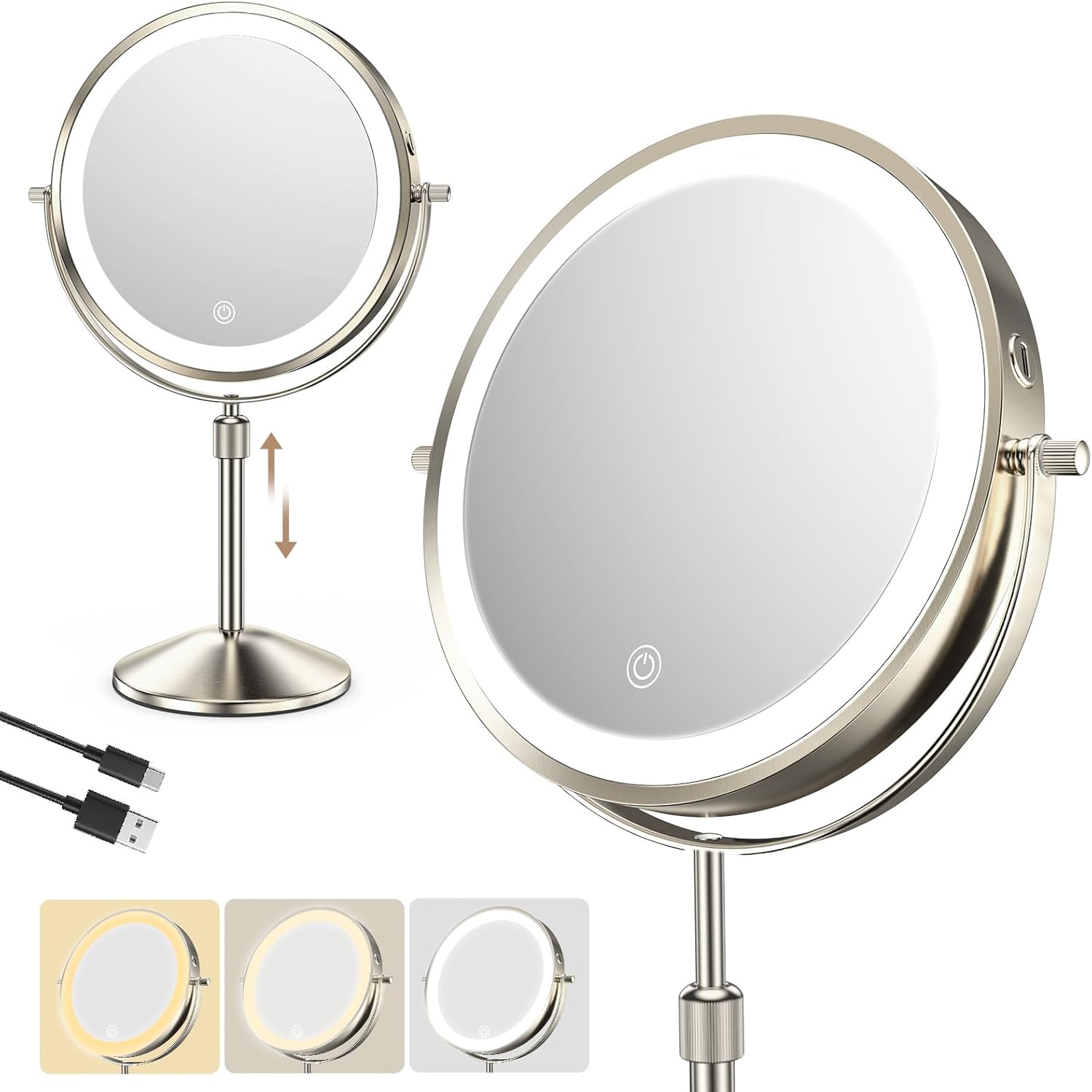Professional 8.7” Lighted Makeup Mirror with 1X/10X Magnification – Rechargeable Double-Sided HD Vanity Mirror, Height Adjustable, 88 High-CRI LEDs, 3 Color Dimmable Lighting, Dual Power, 360° Swivel