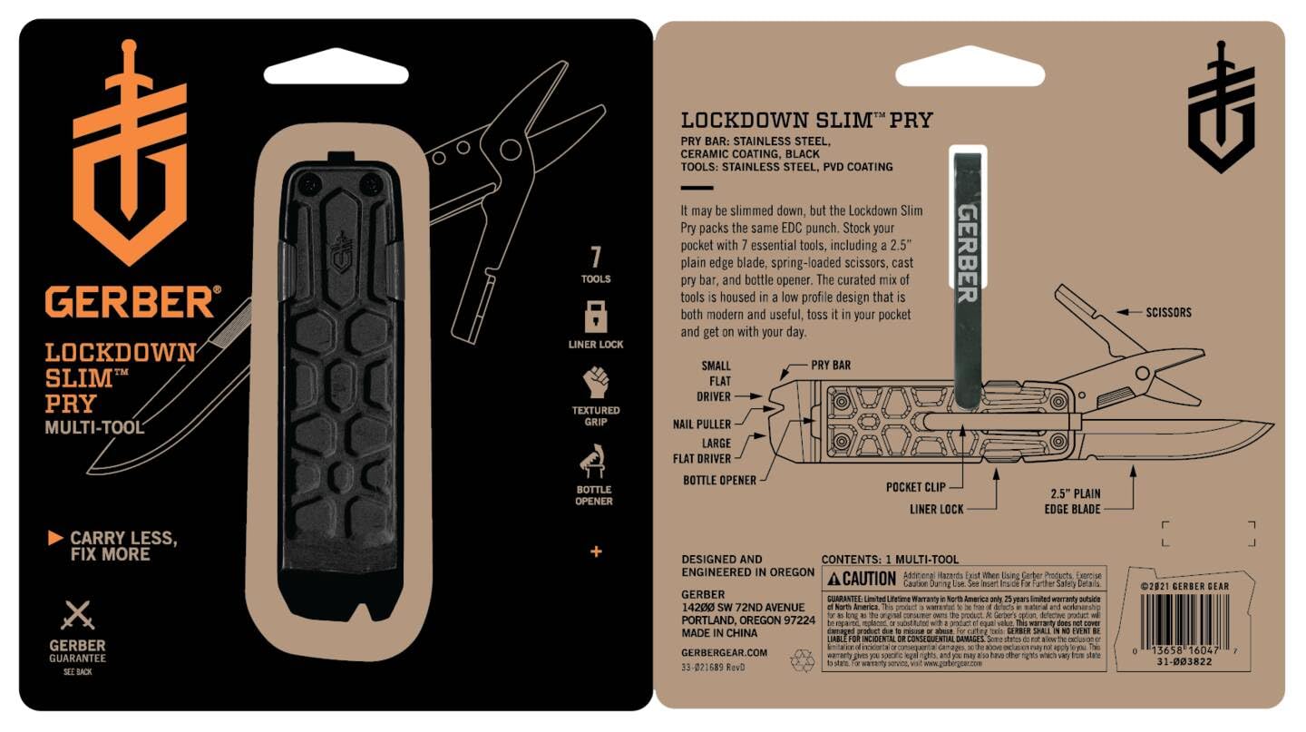 Gerber Multiherramienta con 7 funciones, navaja con hoja lisa y clip para cinturón, Lockdown Slim Pry, fundición/5Cr15MoV, Onyx, 30-001735