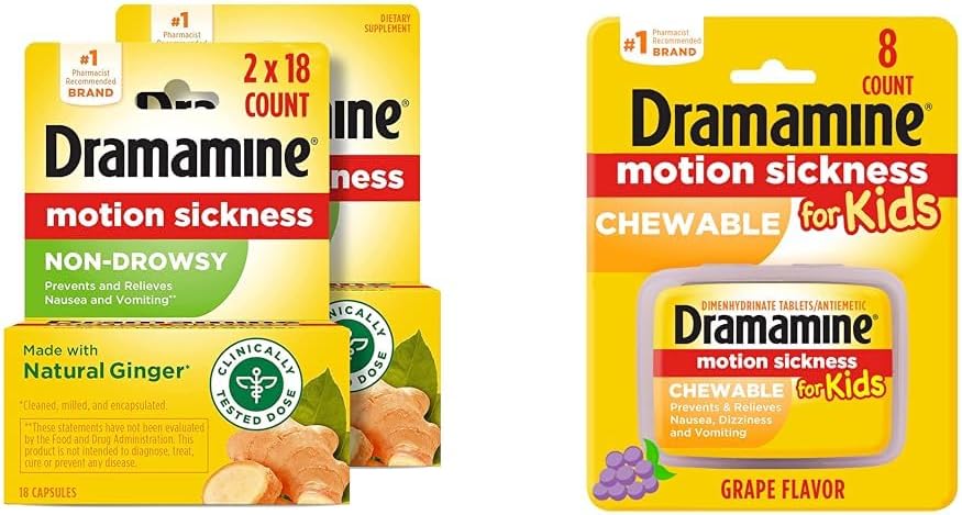 Non-Drowsy, Motion Sickness Relief, Made with Natural Ginger, 18 Count, 2 Pack & Kids Chewable, Motion Sickness Relief, Grape Flavor, 8 Count