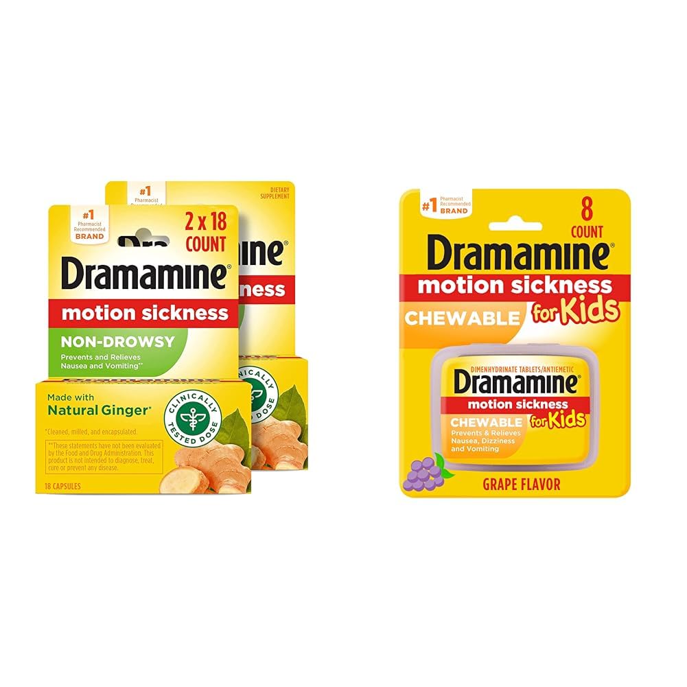 DramamineNon-Drowsy, Motion Sickness Relief, Made with Natural Ginger, 18 Count, 2 Pack & Kids Chewable, Motion Sickness Relief, Grape Flavor, 8 Count