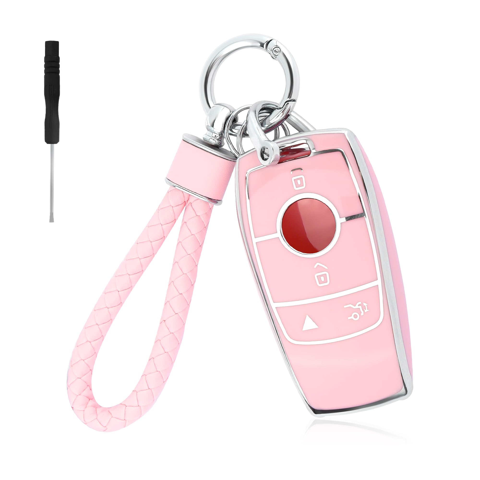 4 Button Key Fob Cover,TPU Key Fob Case with Keychain,Car Key Cover Pink Car Accessories Compatible with Ben-z