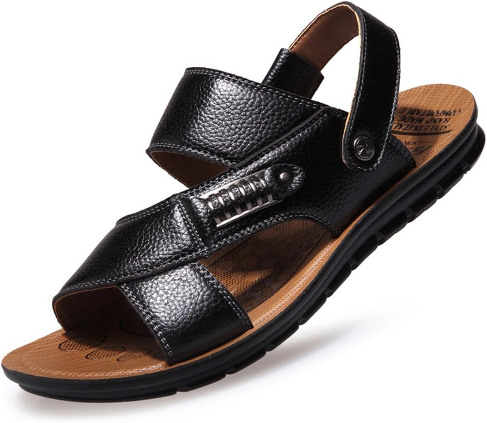 Men's Soft Leather Sandals Outdoor Breathable Beach Slippers - Black - 9 UK