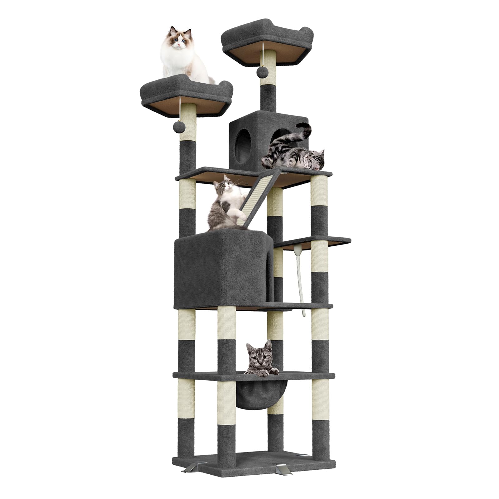 Dogat 208cm Tall Cat Tree, Anti-Tip Design Cat Tree for Indoor Large Cats, Multi-Level Cat Tower with 15 Scratching Posts, 2 Perches, 2 Caves, 1 Scratching Ramp and Hammock (Dark Grey)