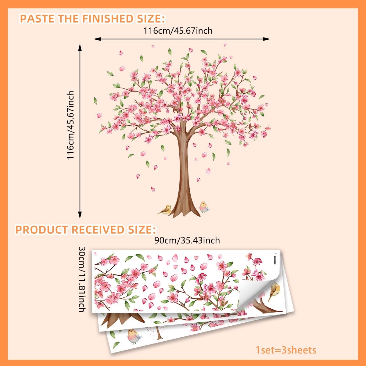 Adesivo da parete con albero di ciliegio, 116 x 116 cm, retro adesivo rimovibile, motivo floreale rosa