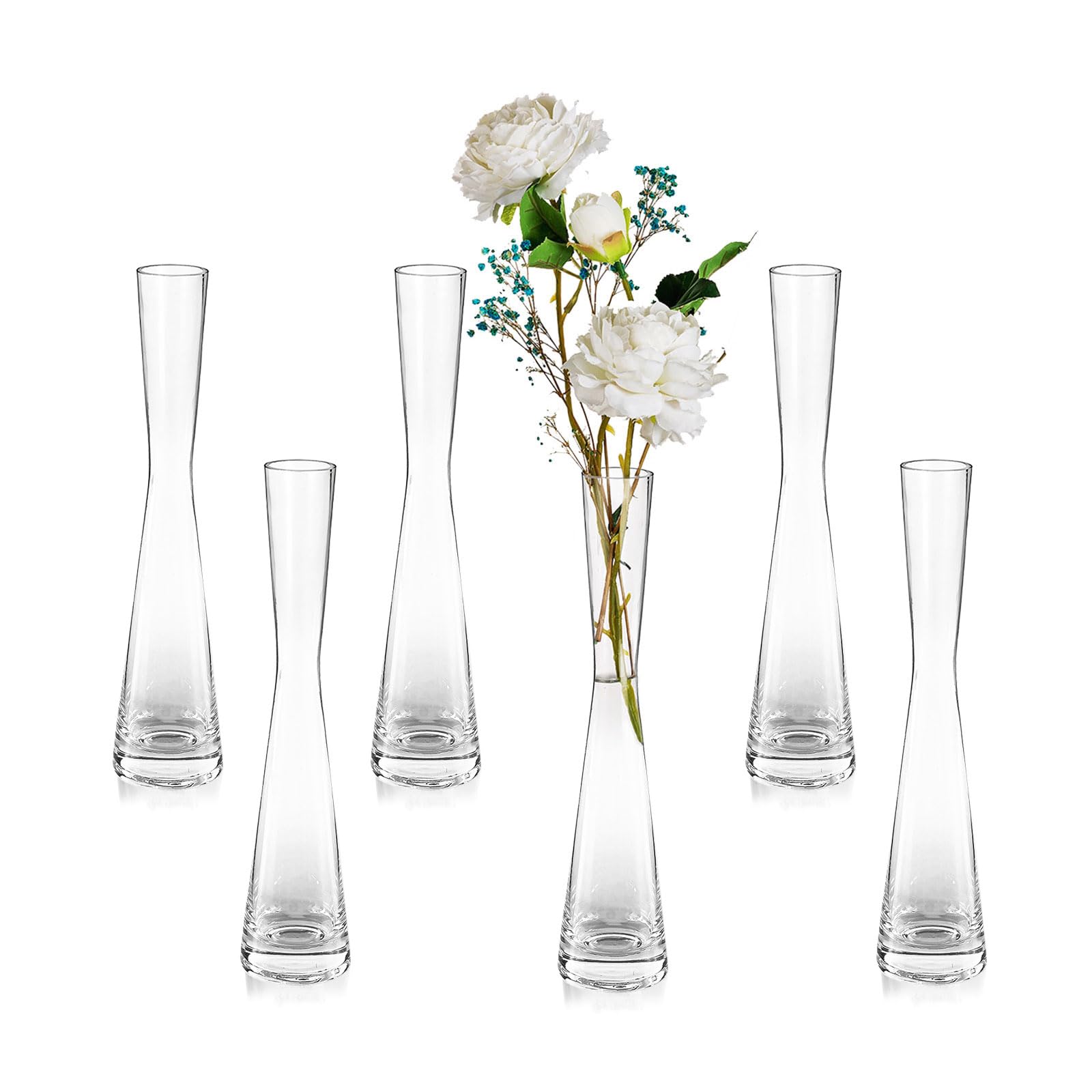 Glasseam Wąski Wazon na Kwiaty - 6 Sztuk, Wysokość 24,5 cm, Szklane, Ręcznie Wykonane do Salonu, Jadalni, Dekoracja Stołu, Tulipanowy