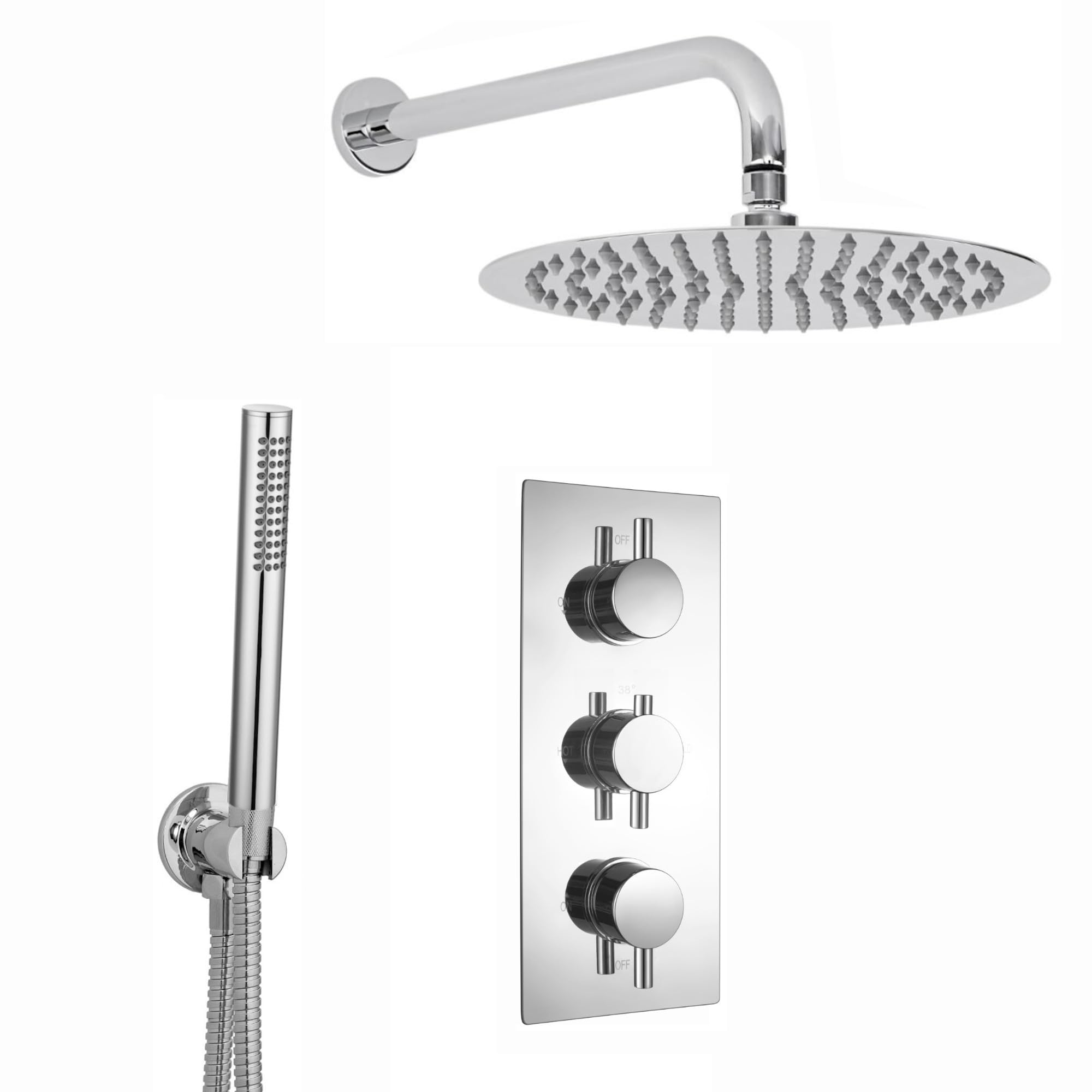 ENKI, Naples, SH0069, Contemporary Cross Concealed Thermostatic Shower Set Incl. Triple Valve, Wall Fixed 8" Shower Head, Handshower Kit - Chrome (2 Outlet)