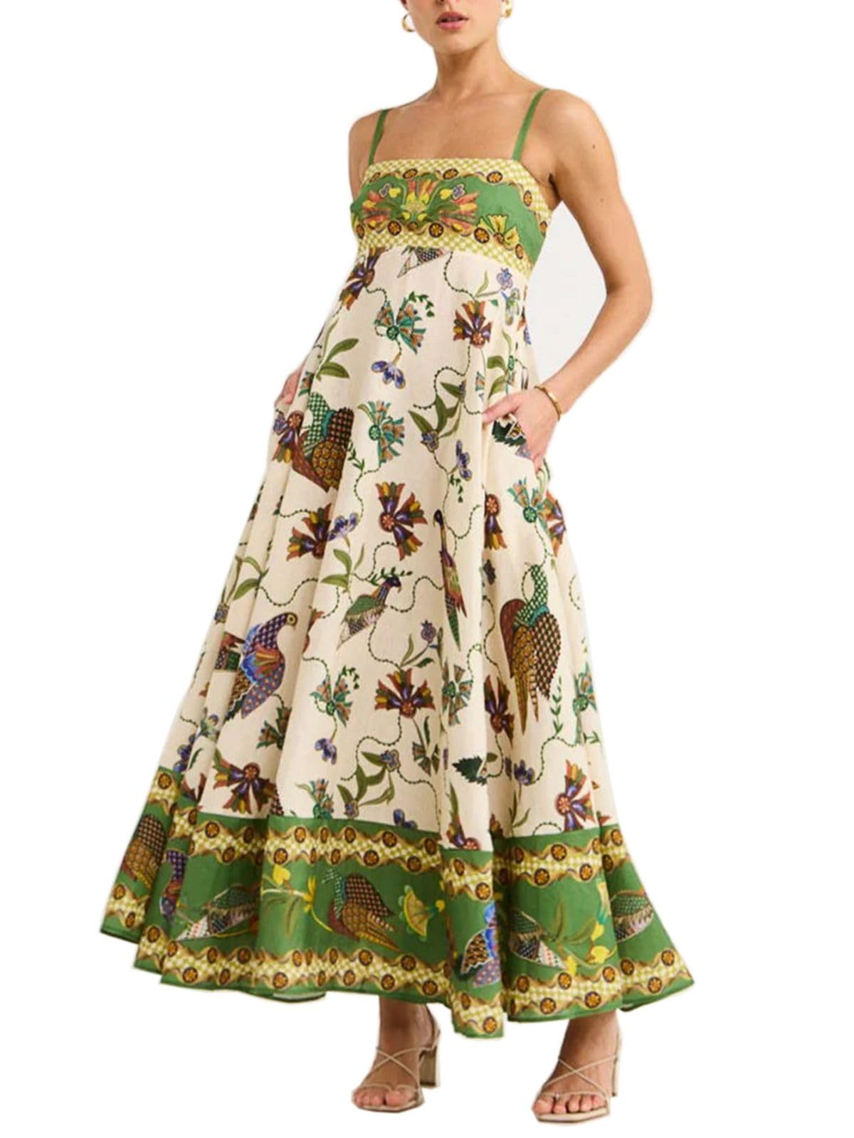 Women Boho Flowy Graffiti Long Aline Sundress Graphic Square Neck Sleeveless Spaghetti Strap Y2K Maxi Cami Dress