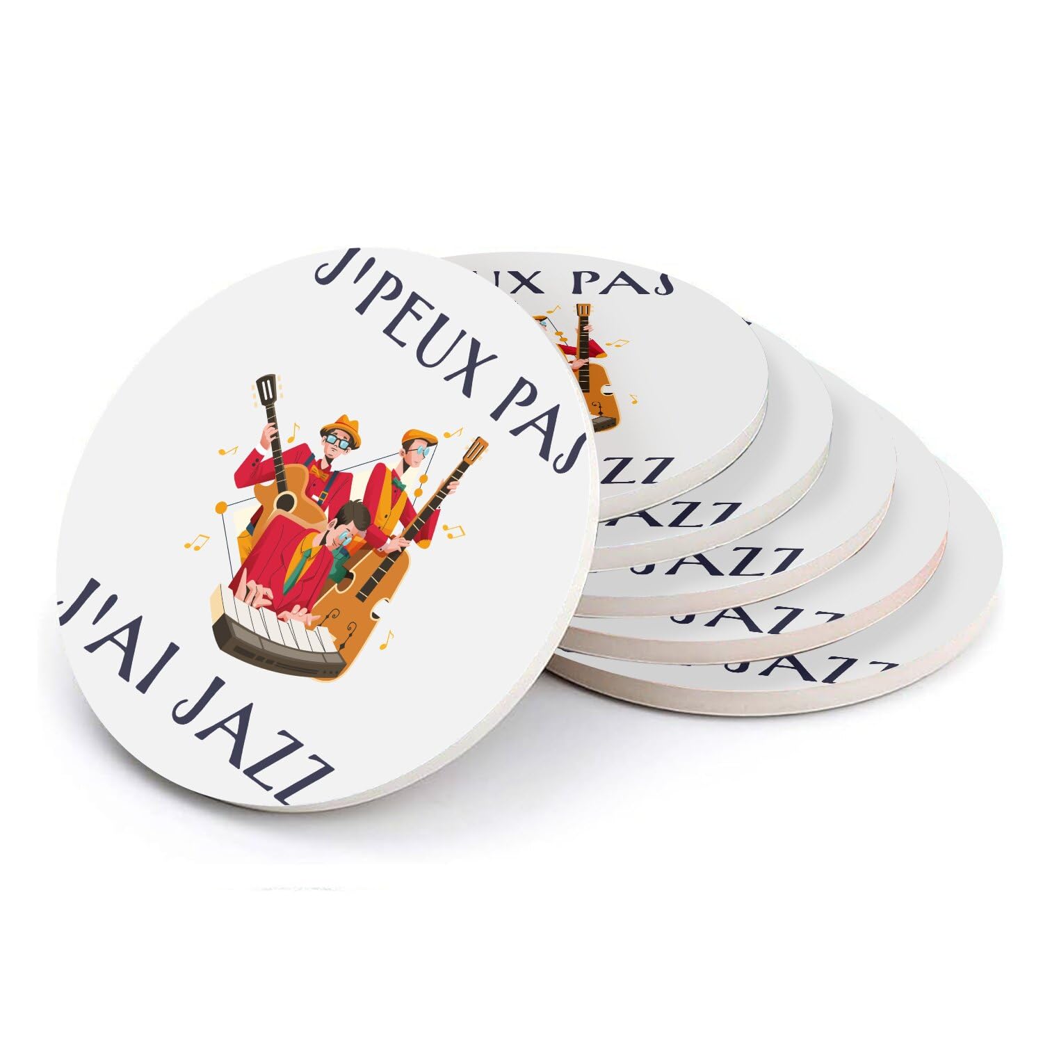 Sottobicchiere rotondo in ceramica – J'Peux Pas J'Ai Jazz Musica pianoforte per chitarra bassa, confezione da 6 (108 x 108 mm)