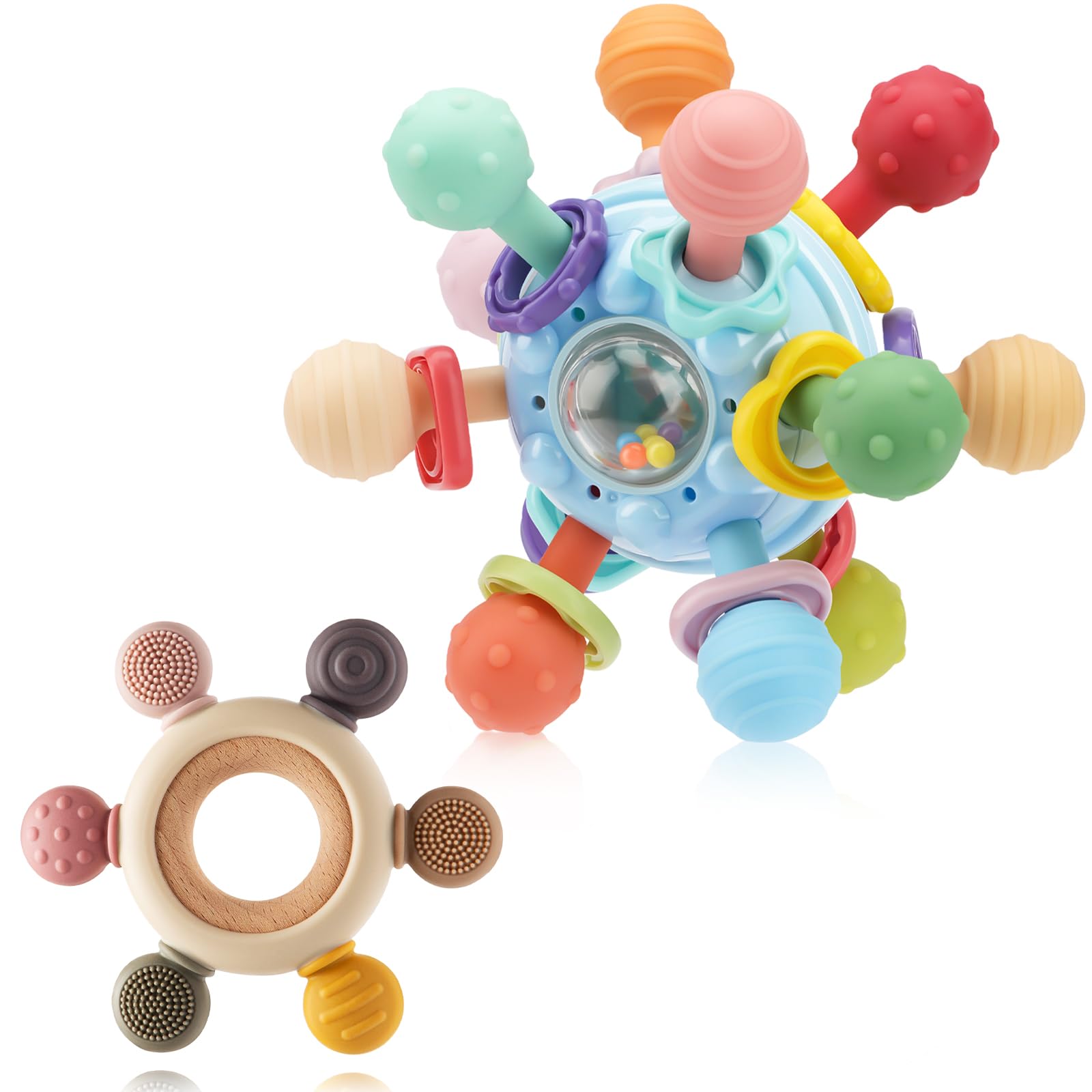 2 Pack Baby Teething Toys for 0-6 6-12 Months Silicone Soothing Baby Teether Toys Montessori Sensory Toys for
