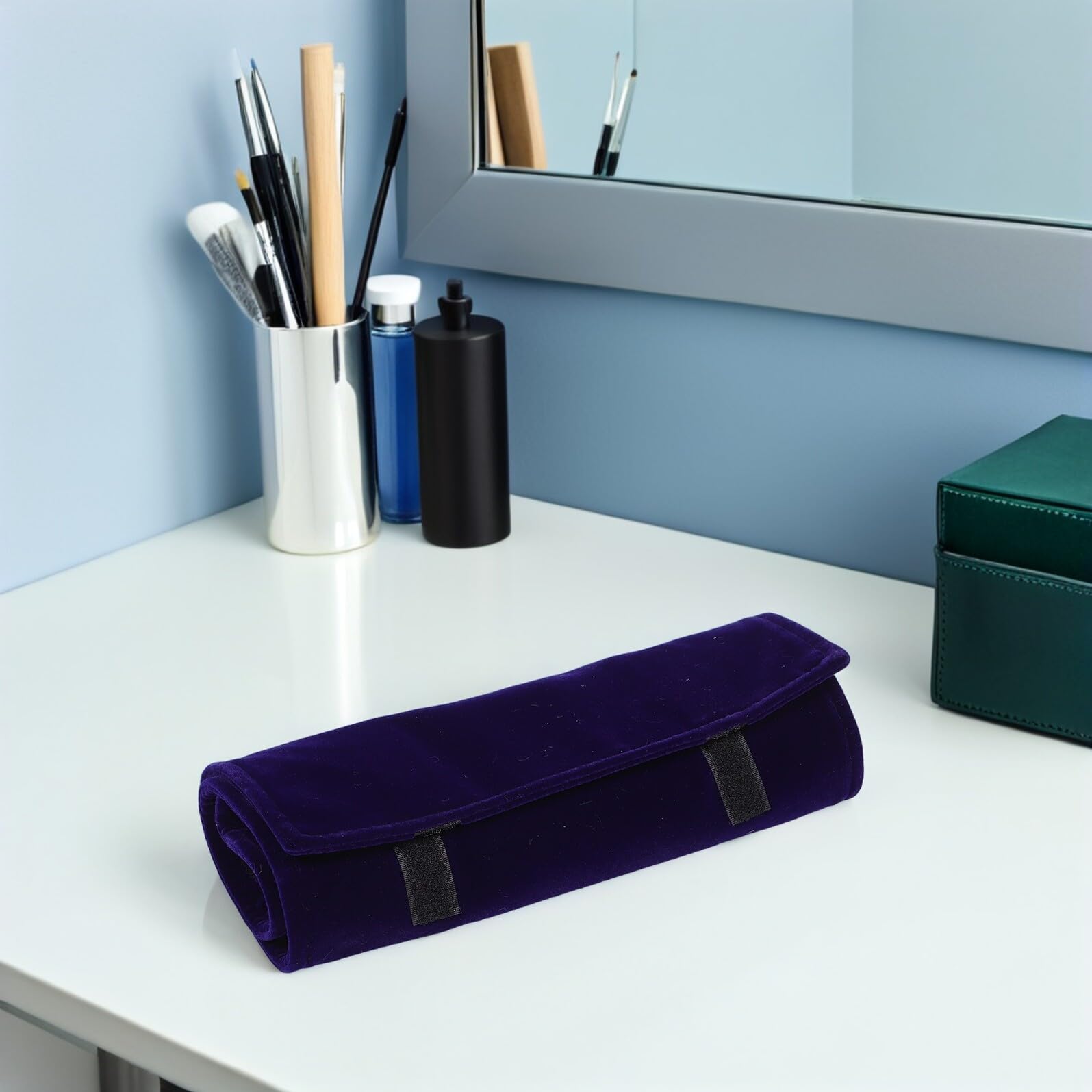 SUPVOX Estuche Organizador de Joyas de Viaje Azul Oscuro de Terciopelo Rollo Porta Collares Antienredos Compacto para Collares Anillos Pendientes y Pulseras Bolsa Enrollable Segura y