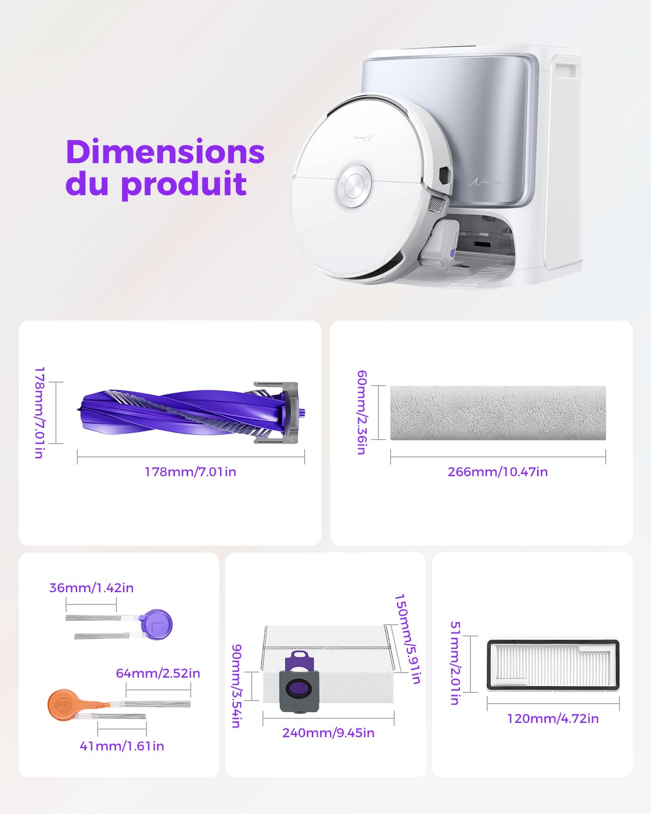 Flow accessoires pour Narwal Flow Robot Aspirateur, 22 Pièces 1 Brosse principale, 3 Lingettes de piste, 4 Filtres HEPA, 6 Brosses latérales, 6 Sacs à poussière,1 Brosse de nettoyage et