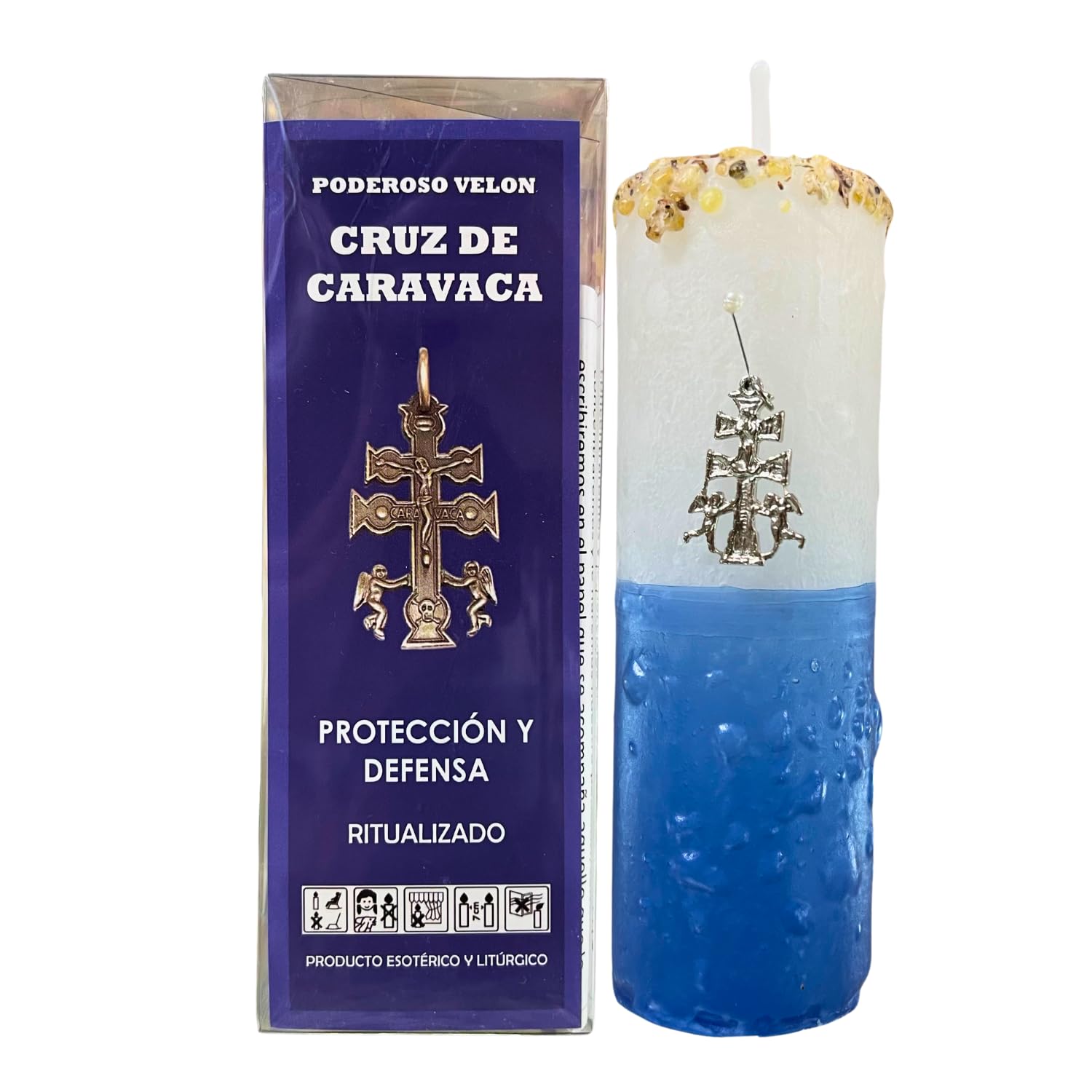 Velón de Cruz de Caravaca para Protección y Defensa | Poderoso Velón Ritualizado con Amuleto de la Cruz de Caravaca, Alfiler e Instrucciones con Oración.