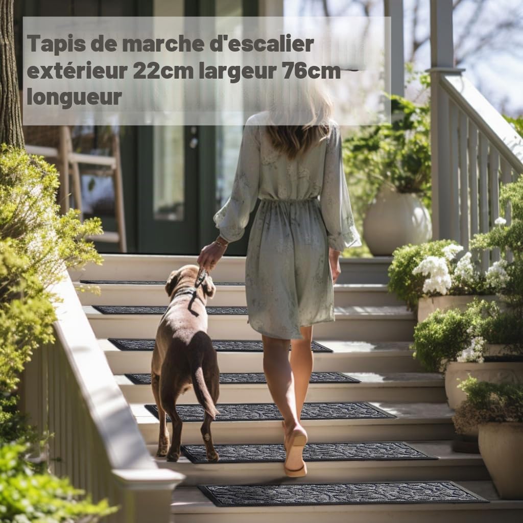 Aucuda Lot de 6 tapis d'escalier d'extérieur en caoutchouc, 76 x 22 cm, résistants aux intempéries et antidérapants, isolation thermique, tapis antidérapant pour extérieur, tapis d'escalier gris à