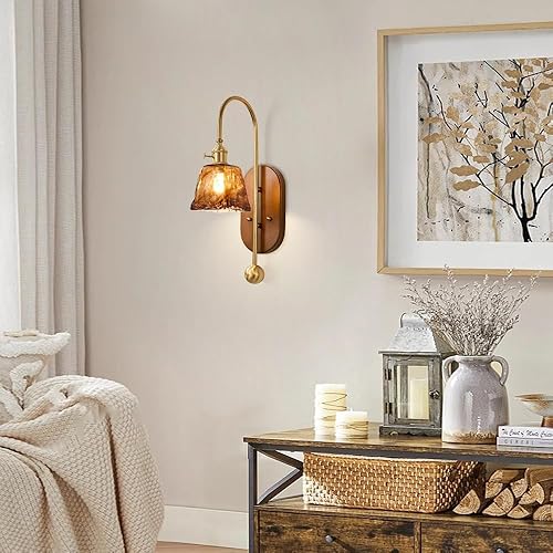Miniatura 7 de Vintage Wood Wall Sconce Amber Glass Bedside Lamp Hardwired E26E27 Base with Switch Wall Lighting for Bedroom Kitchen Living Room Hallway(A)