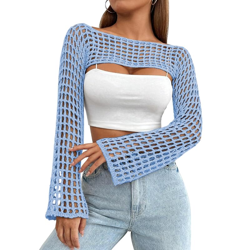Image of Womens Crochet Shrug Y2K Hollow Out Bolero Shrug See Through Cropped Knit Sweater Top